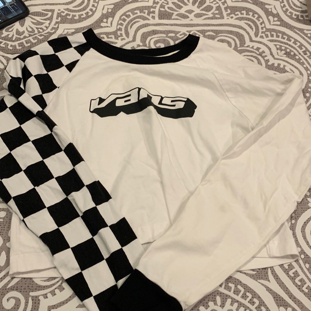 Vans cropped long sleeve shirt. One sleeve is checkered